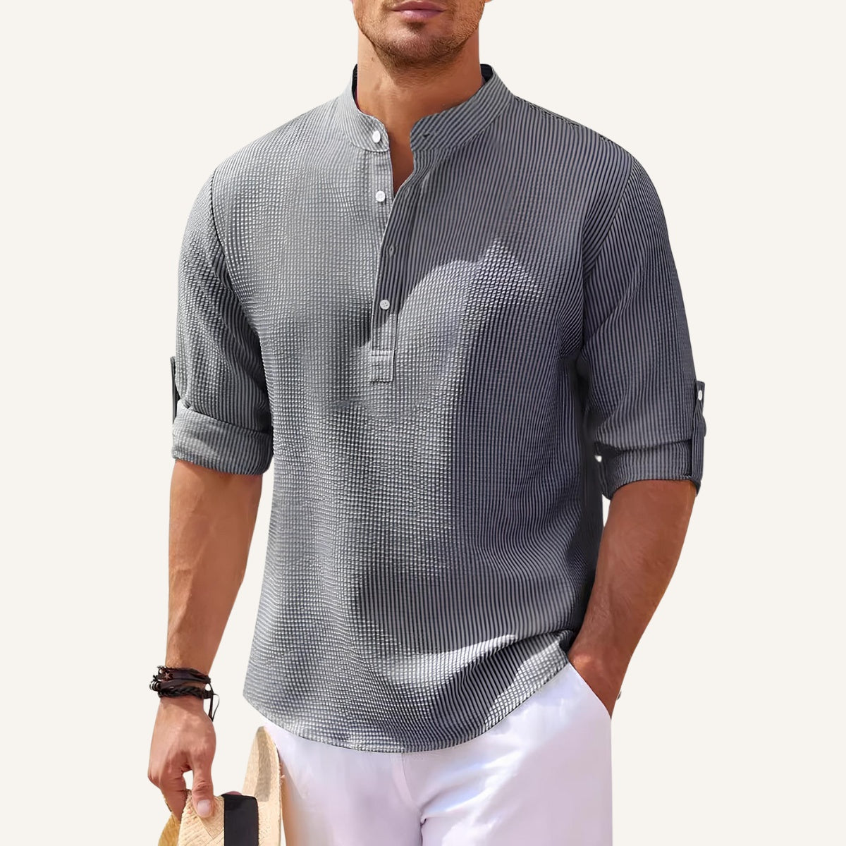 Camisa Masculina Gola Padre Casual Old Money Ascot cinza