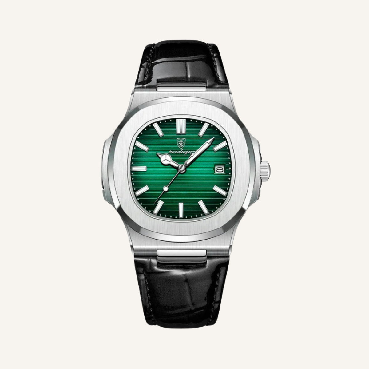 Relogio de Couro Preto Luxe Civano fundo verde